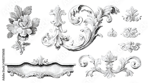 Detailed architectural ornaments collection in vintage engraved style for graphic design and decoration needs
