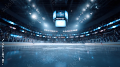 Blurred ice rink with a scoreboard and stadium lights; audience in the background