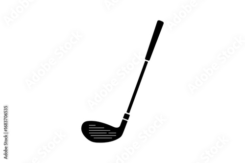 A simple monochrome illustration depicting a single golf club isolated on a white background space