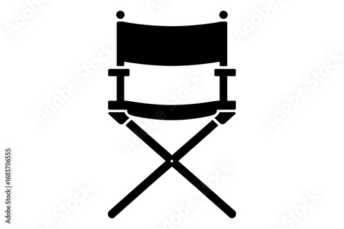 Illustration of a black director's chair with a foldable frame and armrests on a white backdrop