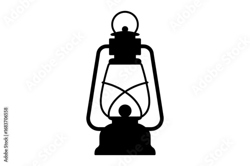 Illustration of a black silhouette of a vintage kerosene lantern with a glass enclosure and handle