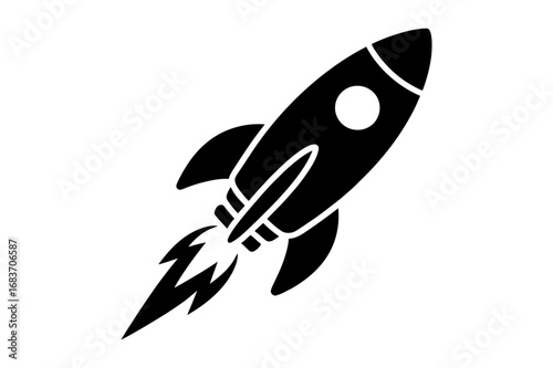 Illustration of a black rocket ship with flames launching upwards on a white background space