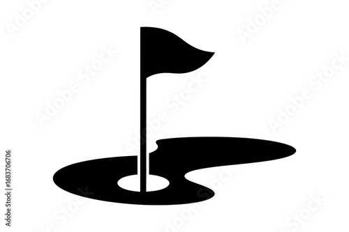 Illustration of a golf hole with a flag on a pole, set against a plain white background scene