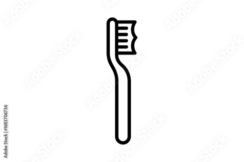 A simple black line drawing of a toothbrush with a curved handle and bristles on top shown upright