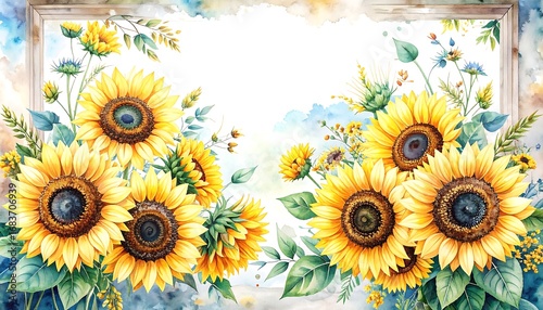 Watercolor floral bouquet with sunflowers in a frame
