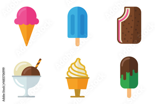 Cartoon ice cream and dessert illustration with frozen sweet design, popsicle and cone graphics, tasty treat and summer food art, delicious vector set
