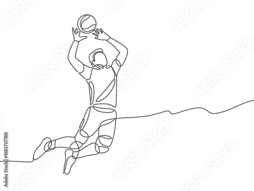 Continuous line drawing of a basketball player dunking