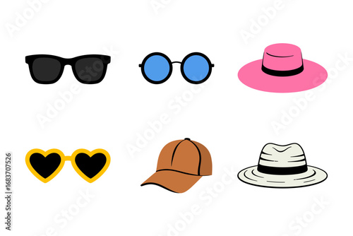 Summer fashion accessory icons with sunglasses and hats design, eyewear and sun hat illustration, trendy style and casual travel graphics, fashion accessory vector set