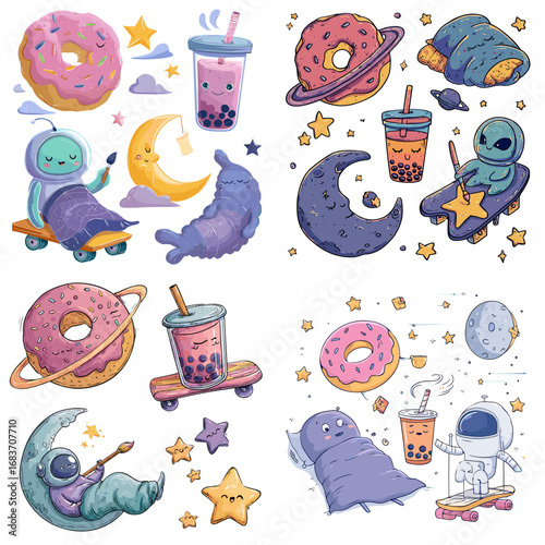 Playful illustration of donuts, bubble tea, and aliens floating in space with moons and stars, symbolizing fantasy, fun, and cosmic imagination.
