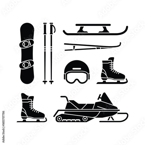 Collection of winter sports equipment and activities featuring snowboarding skiing ice skating and snowmobiling