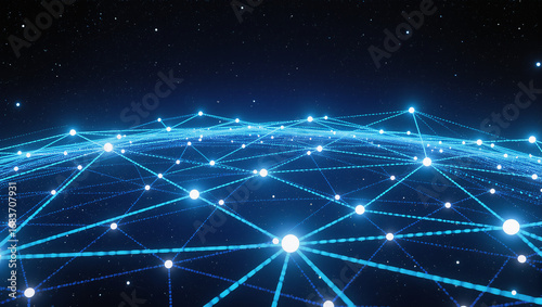 Futuristic digital hi-tech technologies  image of connected lines on cosmic dark blue background data network concept. Light dots, abstarct wallpaper