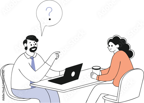 Meeting for QA session with Laptop and Coffee Illustration of a Man and Woman