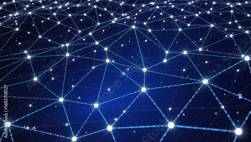 Futuristic digital hi-tech technologies  image of connected lines on cosmic dark blue background data network concept. Light dots, abstarct wallpaper
