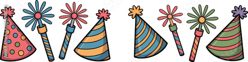Hand drawn vector set of birthday party hats and doodle party blowers .