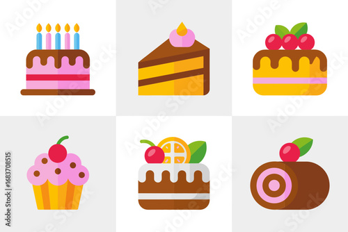 Cake and bakery dessert icons with birthday design, layered cake and slice illustration, cupcake and pastry graphics, celebration confectionery vector set