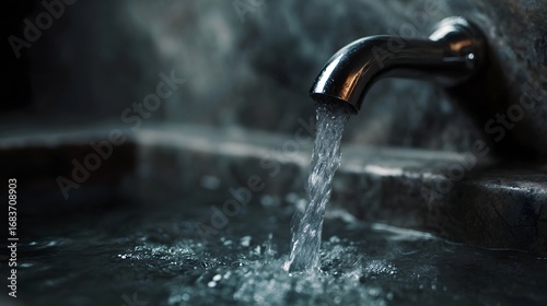 Clear water flowing from a modern chrome faucet into a dark basin creating gentle ripples and subtle mist symbolizing cleanliness and freshness
