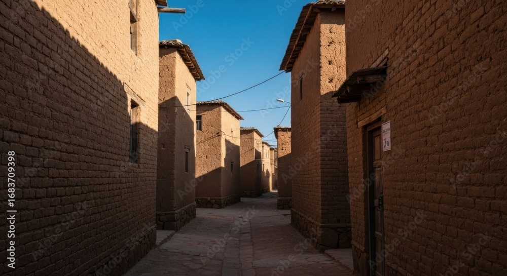 Fototapeta premium Sun-drenched alleyway between terracotta homes