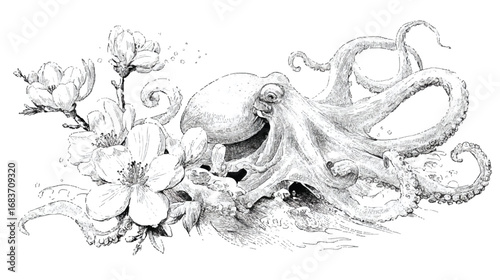 Detailed Octopus and White Flowers Artwork with Exquisite Tentacle Details and Marine Elegance