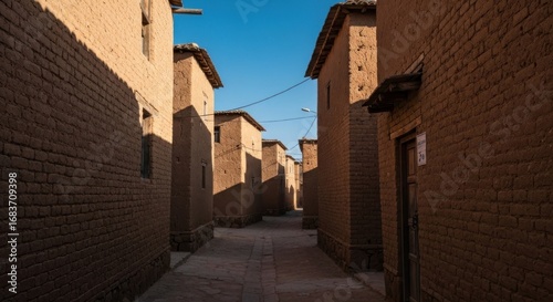 Sun-drenched alleyway between terracotta homes