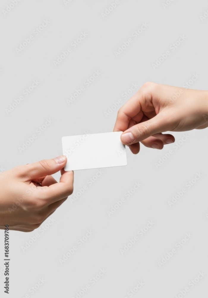 Fototapeta premium Close-up of two hands exchanging a blank white business card, a professional networking and introduction concept on a clean background