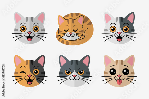 Cartoon kitten face illustration with cute pet design, feline head and whisker graphics, domestic cat and adorable art, animal character vector set