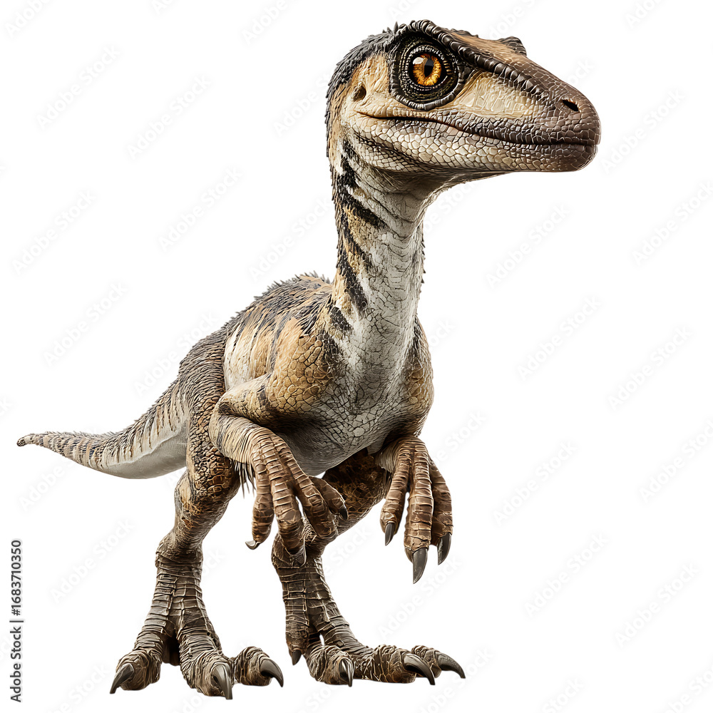 Obraz premium An Adorable Baby Velociraptor Dinosaur, a CGI Creation Isolated on transparent background, cutout 