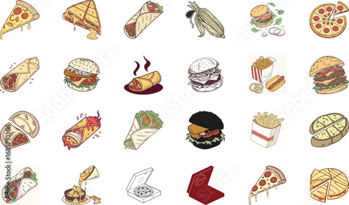 Hand drawn colorful fast food illustration bundle with burgers, cheeseburgers, pizza slices, tacos, burritos, shawarma wraps, sandwiches, french fries, nachos, garlic bread and snacks – cartoon junk f