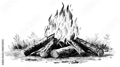 Detailed vintage illustration of a roaring campfire with logs and flames creating a warm atmosphere