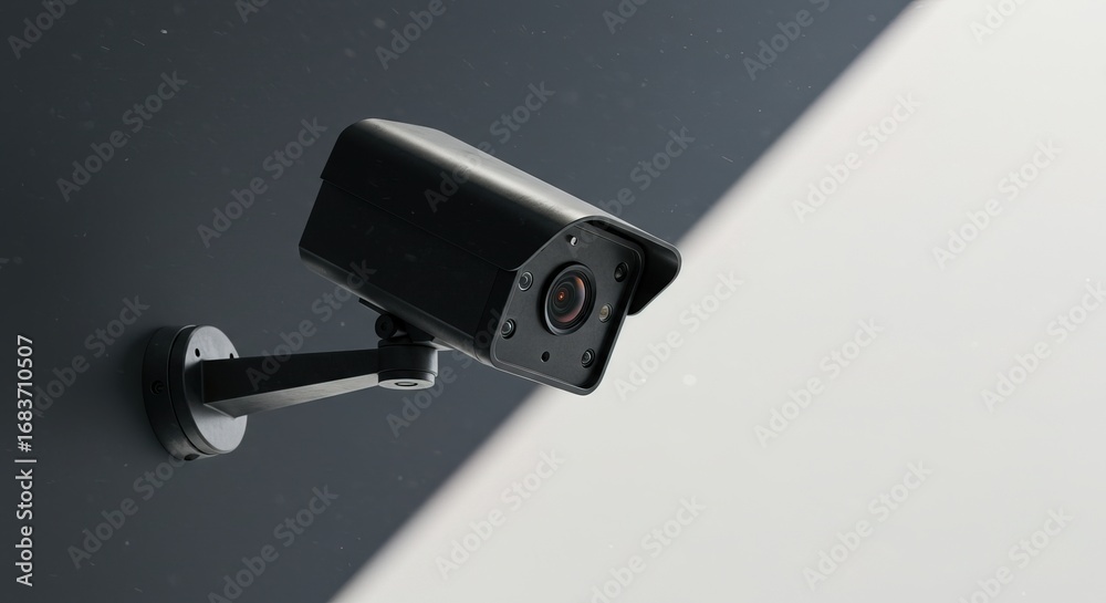 Fototapeta premium Close up of a black security camera mounted on a dark wall gourmet, delicious, cuisine, food photography, background