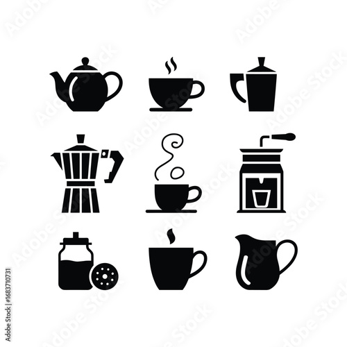 Collection of nine black coffee and tea beverage icons set for brewing and serving hot drinks