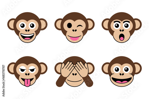 Cartoon monkey faces illustration with cute animal design, funny expressions and jungle wildlife graphics, playful vector set