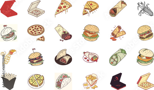 Hand drawn colorful fast food illustration bundle with burgers, cheeseburgers, pizza slices, tacos, burritos, shawarma wraps, sandwiches, french fries, nachos, garlic bread and snacks – cartoon junk f