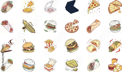 Hand drawn colorful fast food illustration bundle with burgers, cheeseburgers, pizza slices, tacos, burritos, shawarma wraps, sandwiches, french fries, nachos, garlic bread and snacks – cartoon junk f