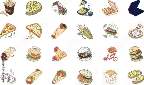 Hand drawn colorful fast food illustration bundle with burgers, cheeseburgers, pizza slices, tacos, burritos, shawarma wraps, sandwiches, french fries, nachos, garlic bread and snacks – cartoon junk f