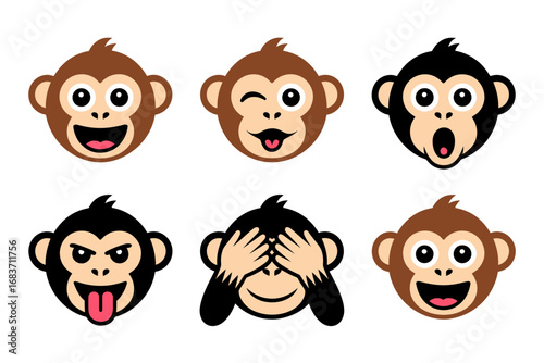 Cartoon monkey expressions illustration with jungle animal design, funny faces and playful graphics, wildlife vector set