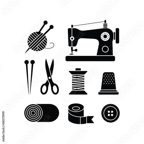 Sewing and knitting tools collection icons creative craft supplies for handmade fashion design and tailoring