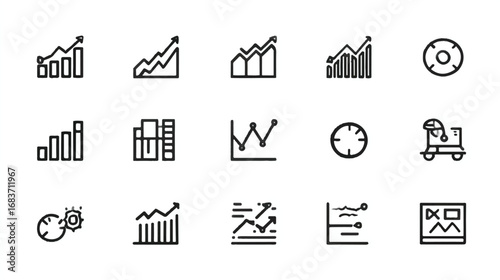 Diverse set of business and economic data analytics icons representing market analysis growth progress