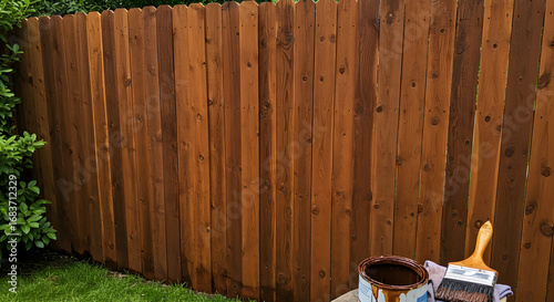 Applying rich brown stain to a newly constructed wooden privacy fence for outdoor home improvement and protection