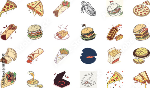 Hand drawn colorful fast food illustration bundle with burgers, cheeseburgers, pizza slices, tacos, burritos, shawarma wraps, sandwiches, french fries, nachos, garlic bread and snacks – cartoon junk f