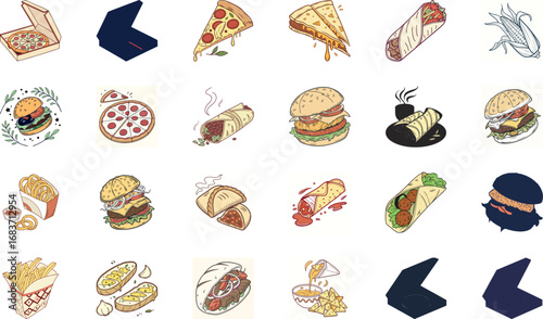 Hand drawn colorful fast food illustration bundle with burgers, cheeseburgers, pizza slices, tacos, burritos, shawarma wraps, sandwiches, french fries, nachos, garlic bread and snacks – cartoon junk f