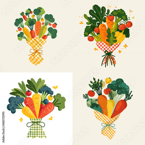 Creative illustration of healthy vegetable bouquet with carrots, broccoli, tomatoes, and greens, symbolizing nutrition, wellness, and eco lifestyle.
