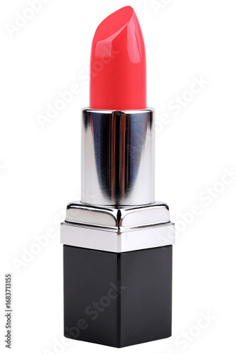 A coral-red lipstick in a square, metallic-silver and black case