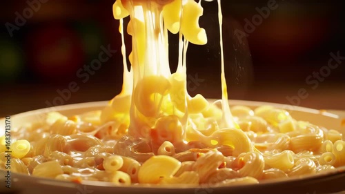 Pulling Macaroni And Cheese with Wood Spoon on a White Plate in Studio Lighting