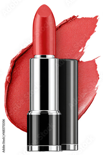 A vibrant coral-red lipstick in a black and silver tube, with a smear of the same shade
