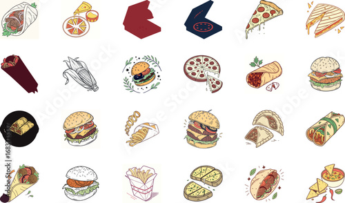 Hand drawn colorful fast food illustration bundle with burgers, cheeseburgers, pizza slices, tacos, burritos, shawarma wraps, sandwiches, french fries, nachos, garlic bread and snacks – cartoon junk f