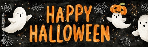Halloween celebration with friendly ghosts and festive decor elements on a transparent background, cut out.
