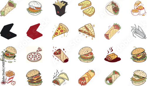 Hand drawn colorful fast food illustration bundle with burgers, cheeseburgers, pizza slices, tacos, burritos, shawarma wraps, sandwiches, french fries, nachos, garlic bread and snacks – cartoon junk f