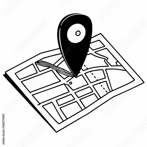 Black and white drawing of a map with roads and a location pin marking a specific spot on the map area vector illustration