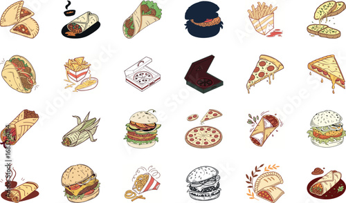 Hand drawn colorful fast food illustration bundle with burgers, cheeseburgers, pizza slices, tacos, burritos, shawarma wraps, sandwiches, french fries, nachos, garlic bread and snacks – cartoon junk f