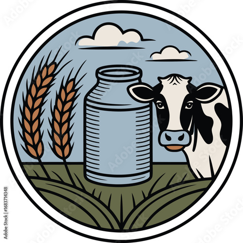 Dairy Farm Scene with Cow Milk Can and Wheat Field Agriculture Icon